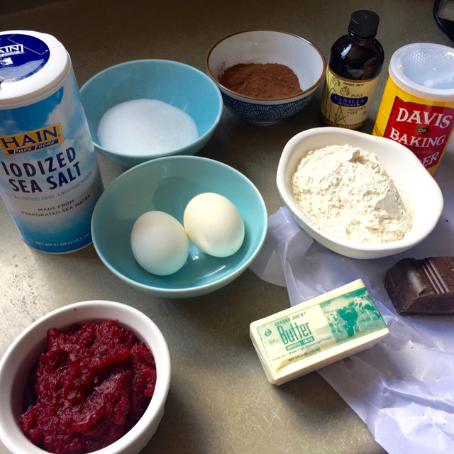 Ingredients for chocolate beet cake: butter, eggs, beets, flour, salt, sugar, etc.