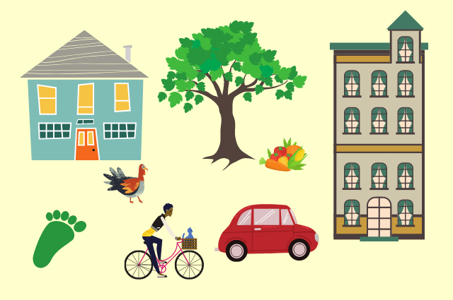 Graphic showing a footprint, houses, tree, car, and person riding bicycle.