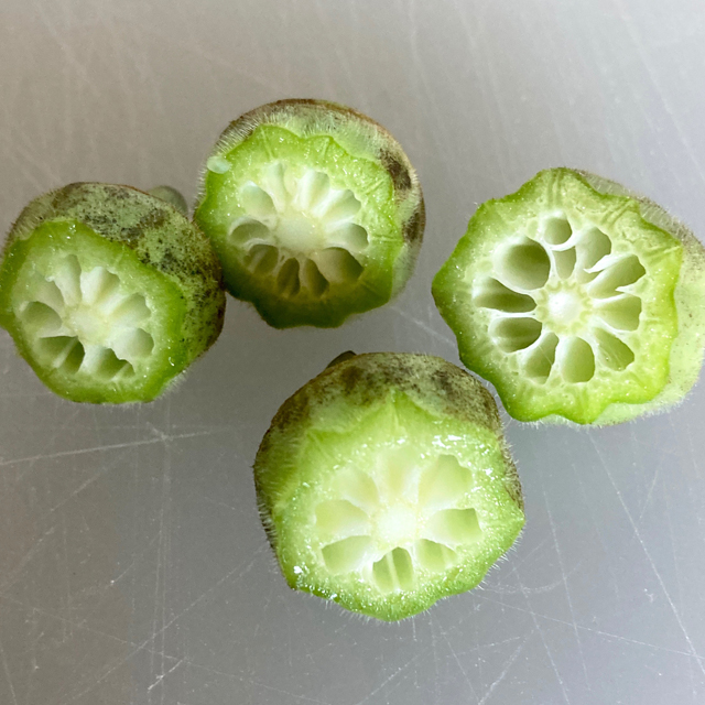 The tops of okra, revealing their flower pattern.