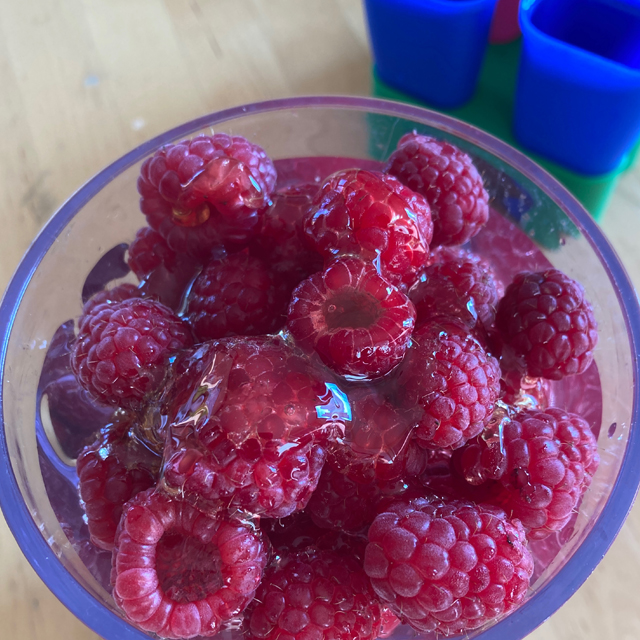 Raspberries, honey, and other ingredients in a blender.