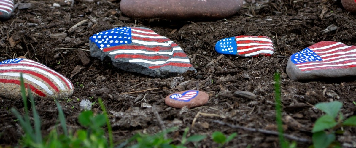 several stones hand-painted with an American flag sit in a tree bed