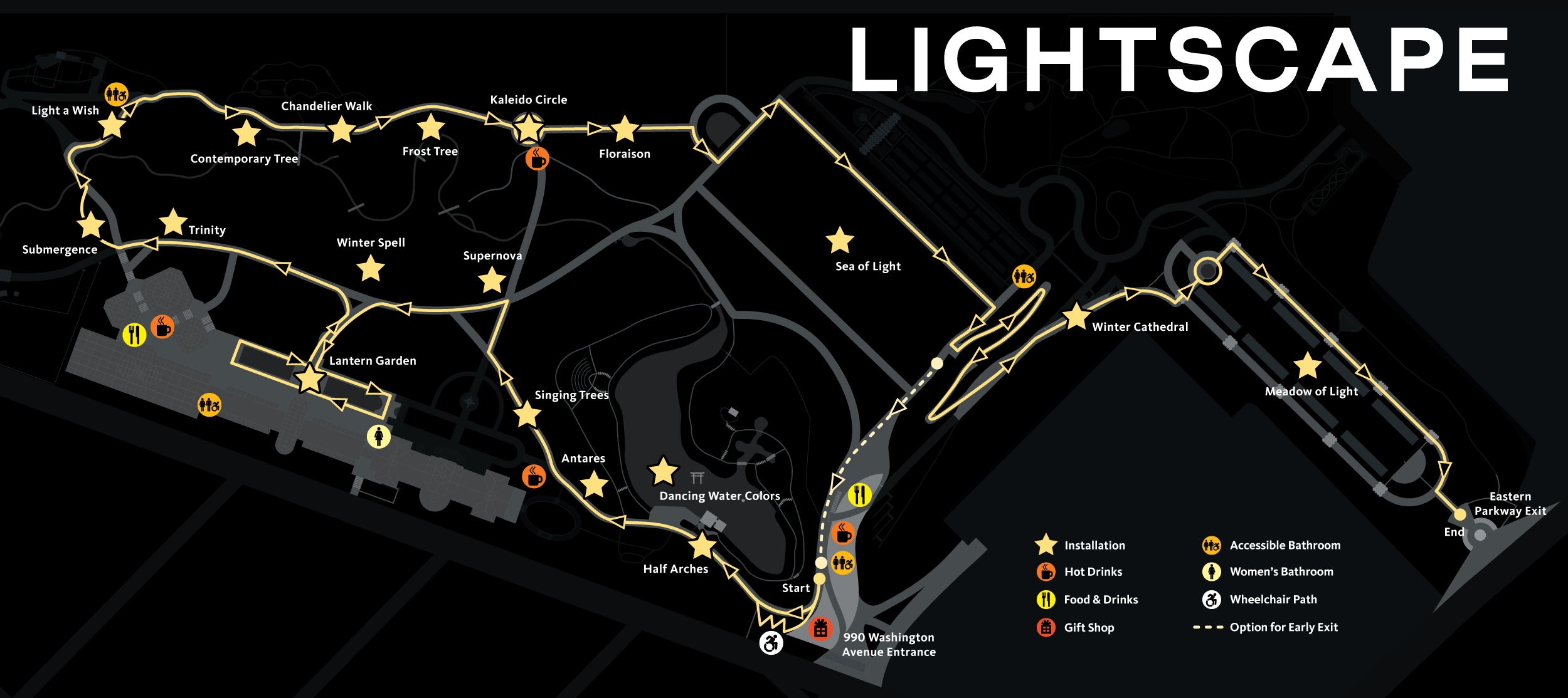 A yellow line indicates a route looping into the Garden from the Visitor Center. Along the route are stars and icons showing locations of installations, food & drink, and bathrooms.