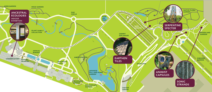 A map shows areas of the Garden, highlighting an exhibit in the Conservatory Gallery and sculptures located in the Native Flora and Woodland Gardens