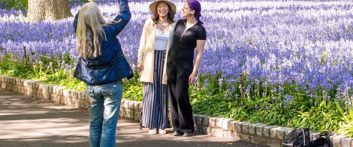 A woman takes a photo of two smiling people in front of an expanse of blue flowers.